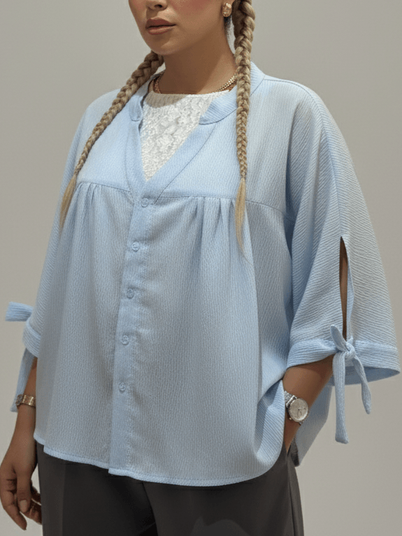 شومیز زنانه آستین بلند نیمه‌کراپ با گره کمر