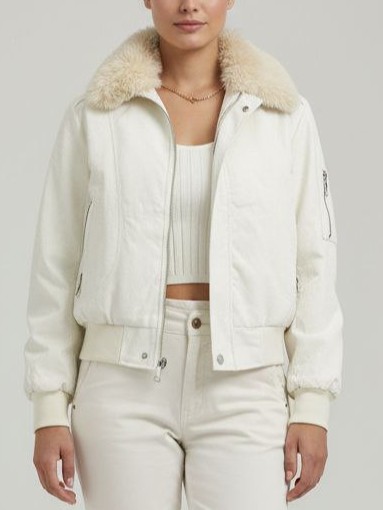 کاپشن زنانه آستر پشمی با یقه خزدار – رنگ سفید – بایکراس